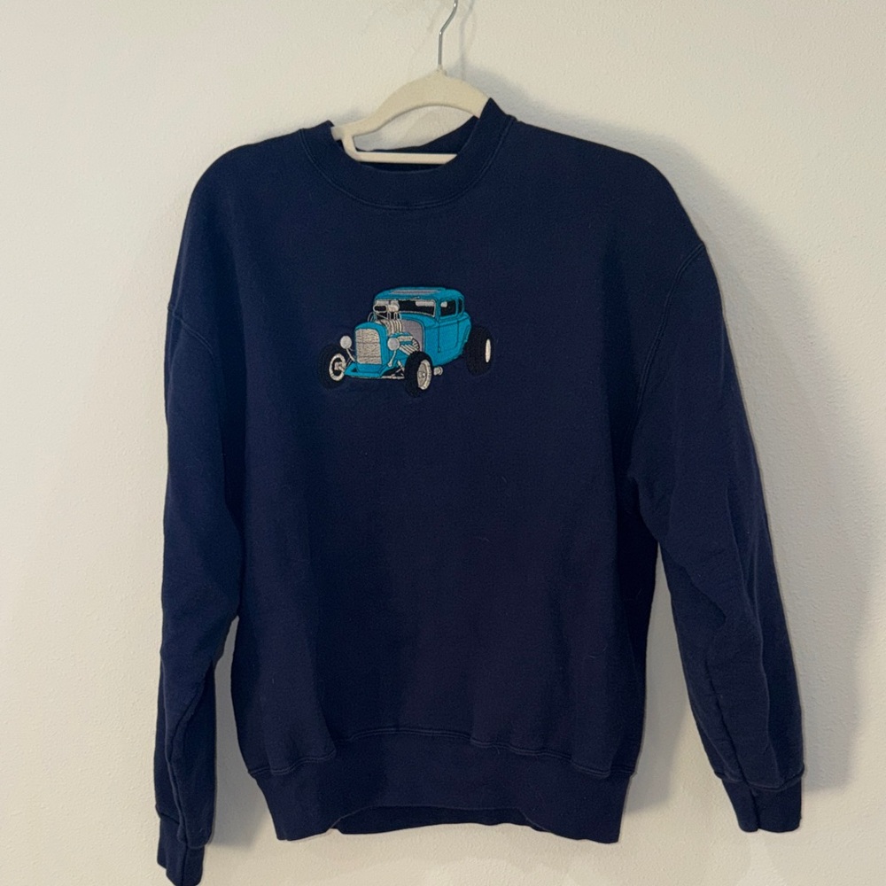 Fruit of the Loom Navy Crewneck Sweatshirt with Teal Car Embroidery